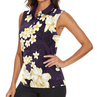 Hawaii Hibiscus Plumeria Purple Women Sleeveless Polo Shirt Polynesian Pattern