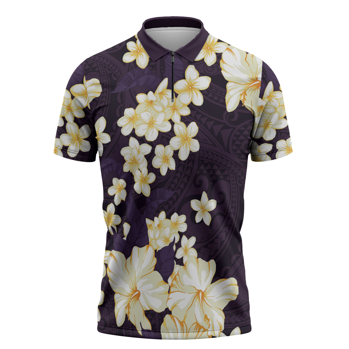 Hawaii Hibiscus Plumeria Purple Zipper Polo Shirt Polynesian Pattern