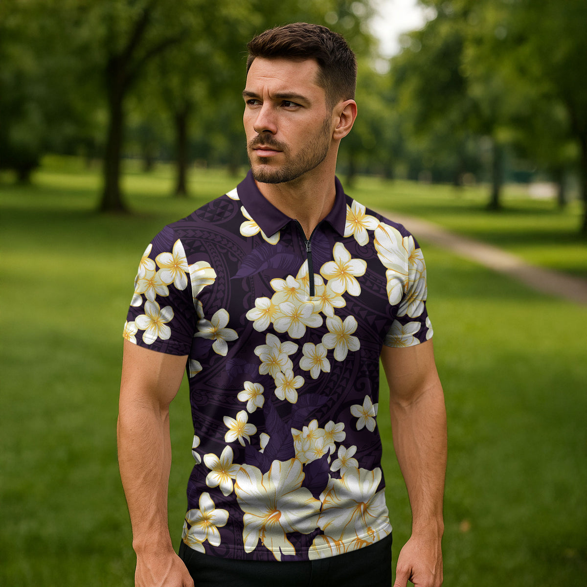 Hawaii Hibiscus Plumeria Purple Zipper Polo Shirt Polynesian Pattern