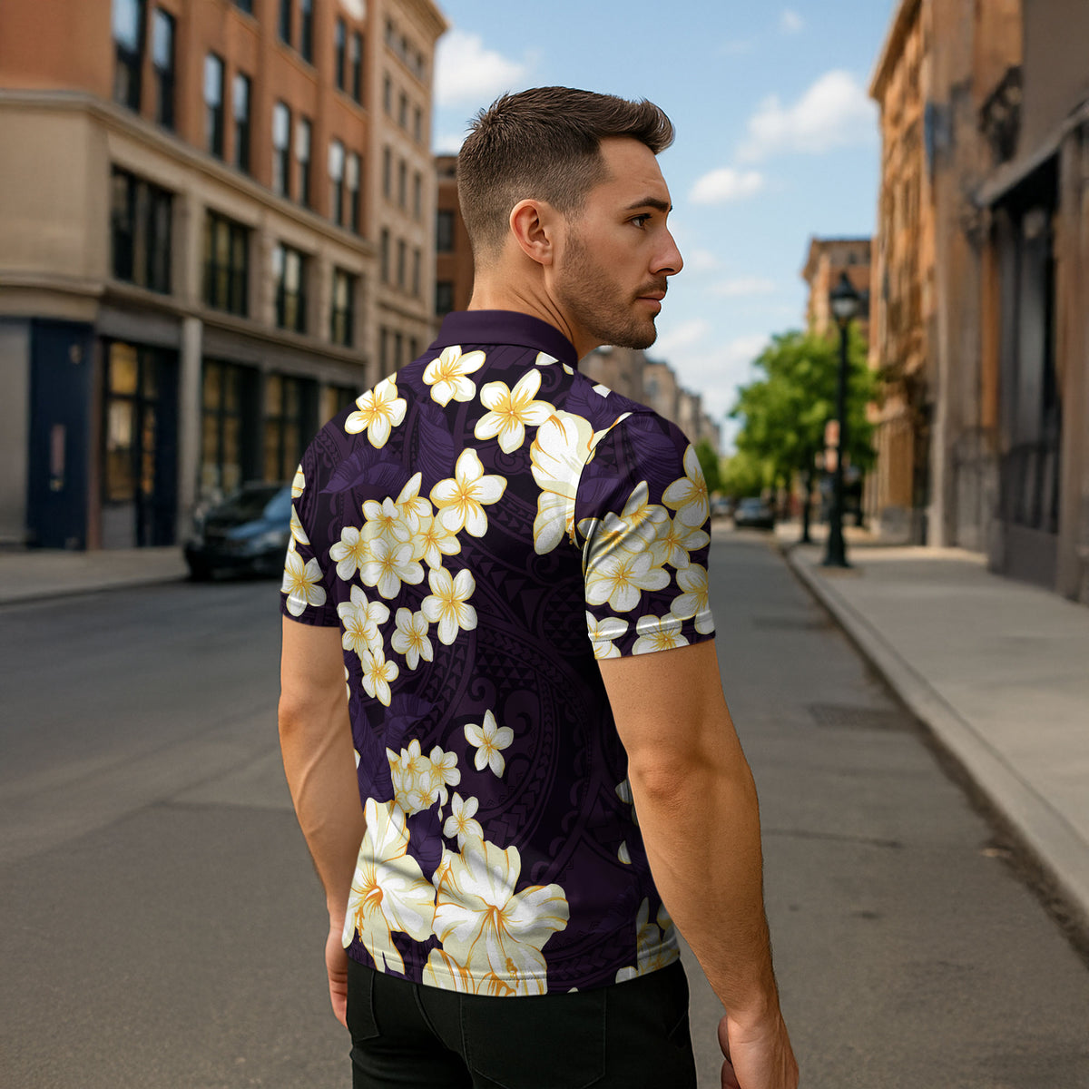 Hawaii Hibiscus Plumeria Purple Zipper Polo Shirt Polynesian Pattern