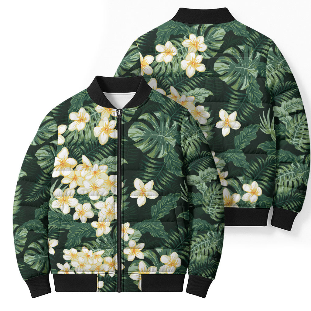 Hawaii Plumeria Tropical Leaves Bomber Puffer Jacket Monstera Calathea Palm Fronds