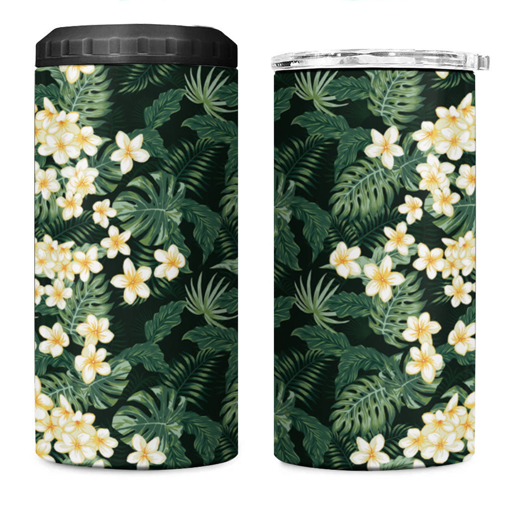 Hawaii Plumeria Tropical Leaves 4 in 1 Can Cooler Tumbler Monstera Calathea Palm Fronds
