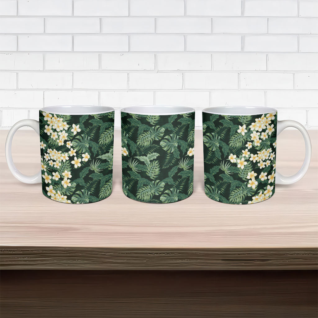 Hawaii Plumeria Tropical Leaves Ceramic Mug Monstera Calathea Palm Fronds