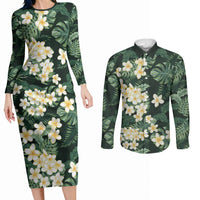 Hawaii Plumeria Tropical Leaves Couples Matching Long Sleeve Bodycon Dress and Long Sleeve Button Shirt Monstera Calathea Palm Fronds