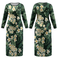Hawaii Plumeria Tropical Leaves Couples Matching Long Sleeve Bodycon Dress and Long Sleeve Button Shirt Monstera Calathea Palm Fronds