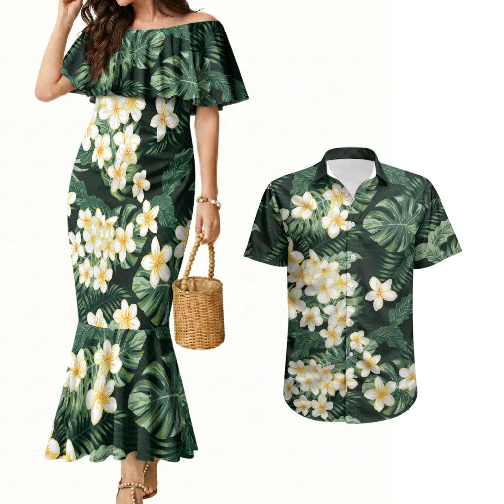 Hawaii Plumeria Tropical Leaves Couples Matching Mermaid Dress and Hawaiian Shirt Monstera Calathea Palm Fronds