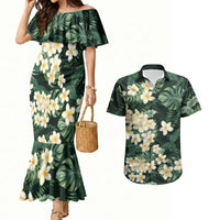 Hawaii Plumeria Tropical Leaves Couples Matching Mermaid Dress and Hawaiian Shirt Monstera Calathea Palm Fronds