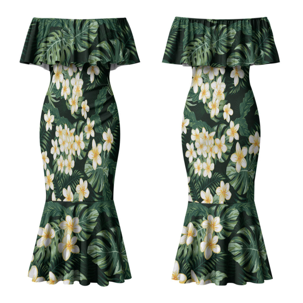 Hawaii Plumeria Tropical Leaves Couples Matching Mermaid Dress and Long Sleeve Button Shirt Monstera Calathea Palm Fronds