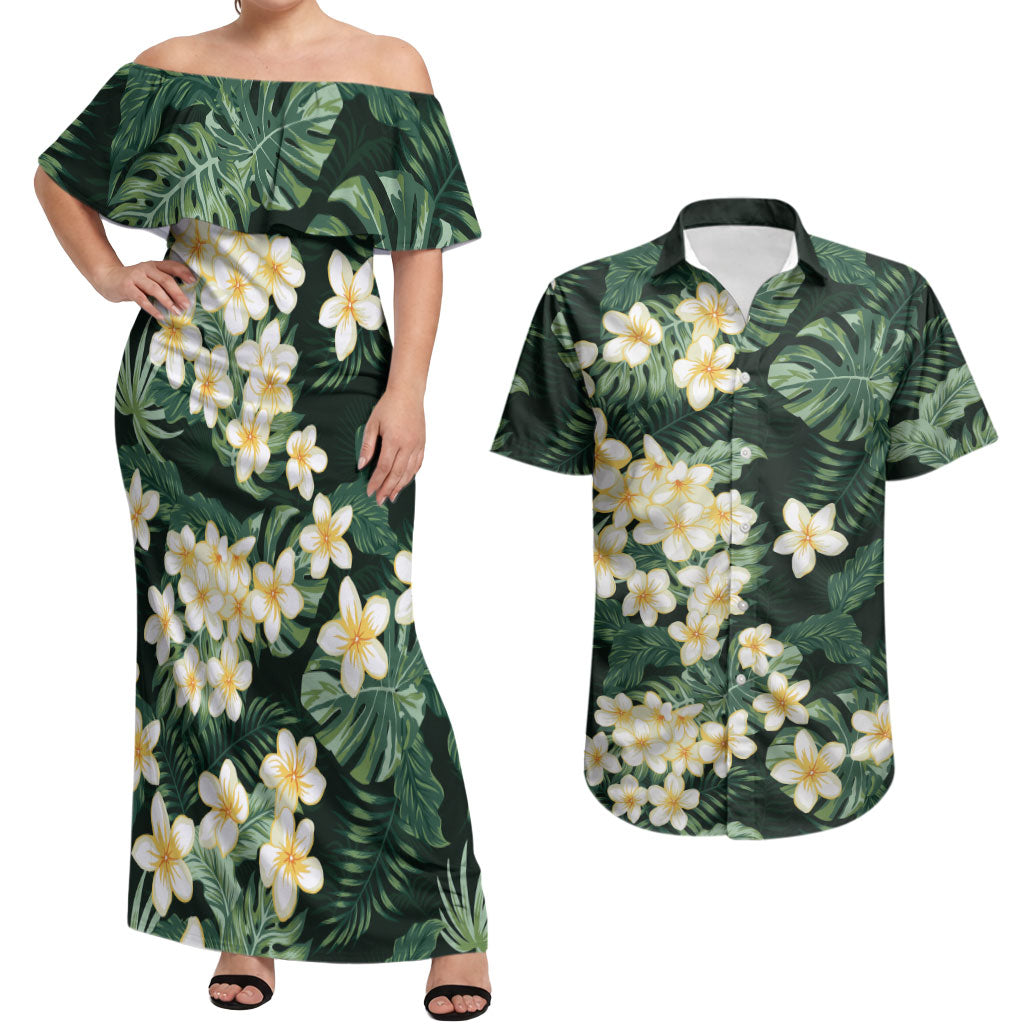 Hawaii Plumeria Tropical Leaves Couples Matching Off Shoulder Maxi Dress and Hawaiian Shirt Monstera Calathea Palm Fronds