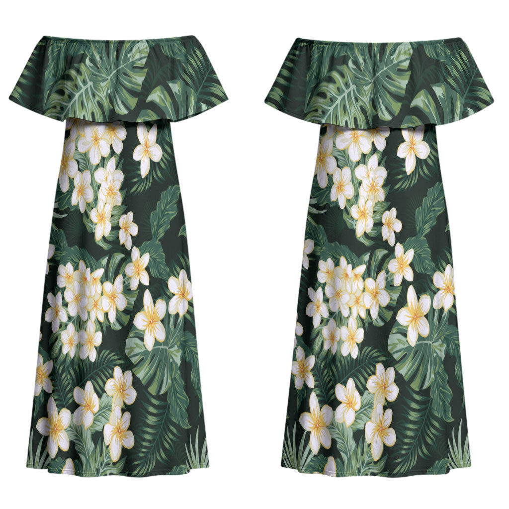 Hawaii Plumeria Tropical Leaves Couples Matching Off Shoulder Maxi Dress and Hawaiian Shirt Monstera Calathea Palm Fronds