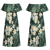 Hawaii Plumeria Tropical Leaves Couples Matching Off Shoulder Maxi Dress and Hawaiian Shirt Monstera Calathea Palm Fronds