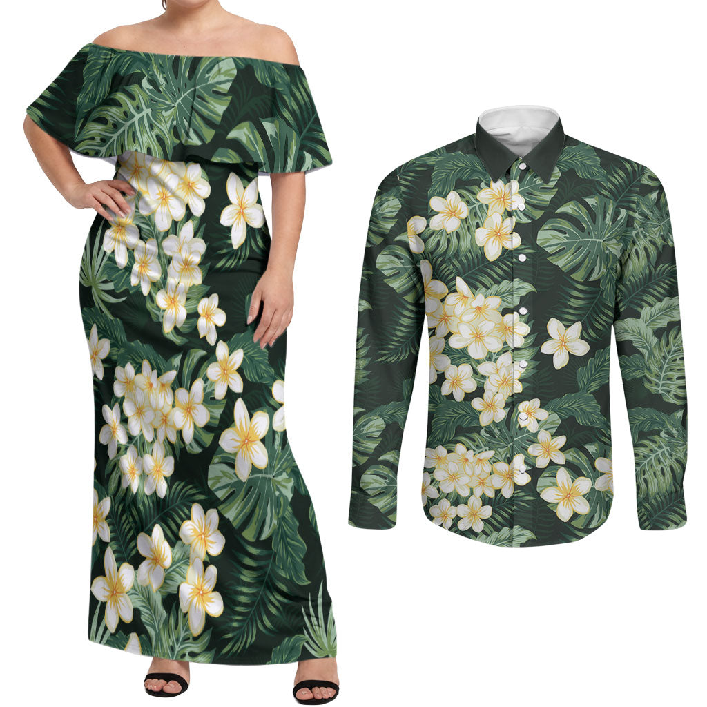 Hawaii Plumeria Tropical Leaves Couples Matching Off Shoulder Maxi Dress and Long Sleeve Button Shirt Monstera Calathea Palm Fronds