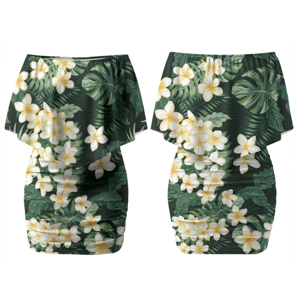 Hawaii Plumeria Tropical Leaves Couples Matching Off Shoulder Short Dress and Hawaiian Shirt Monstera Calathea Palm Fronds