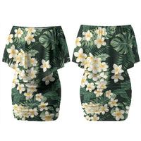 Hawaii Plumeria Tropical Leaves Couples Matching Off Shoulder Short Dress and Long Sleeve Button Shirt Monstera Calathea Palm Fronds