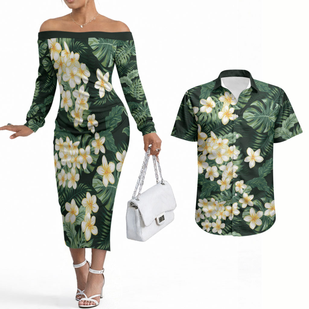 Hawaii Plumeria Tropical Leaves Couples Matching Off The Shoulder Long Sleeve Dress and Hawaiian Shirt Monstera Calathea Palm Fronds