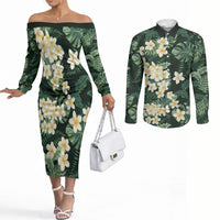Hawaii Plumeria Tropical Leaves Couples Matching Off The Shoulder Long Sleeve Dress and Long Sleeve Button Shirt Monstera Calathea Palm Fronds