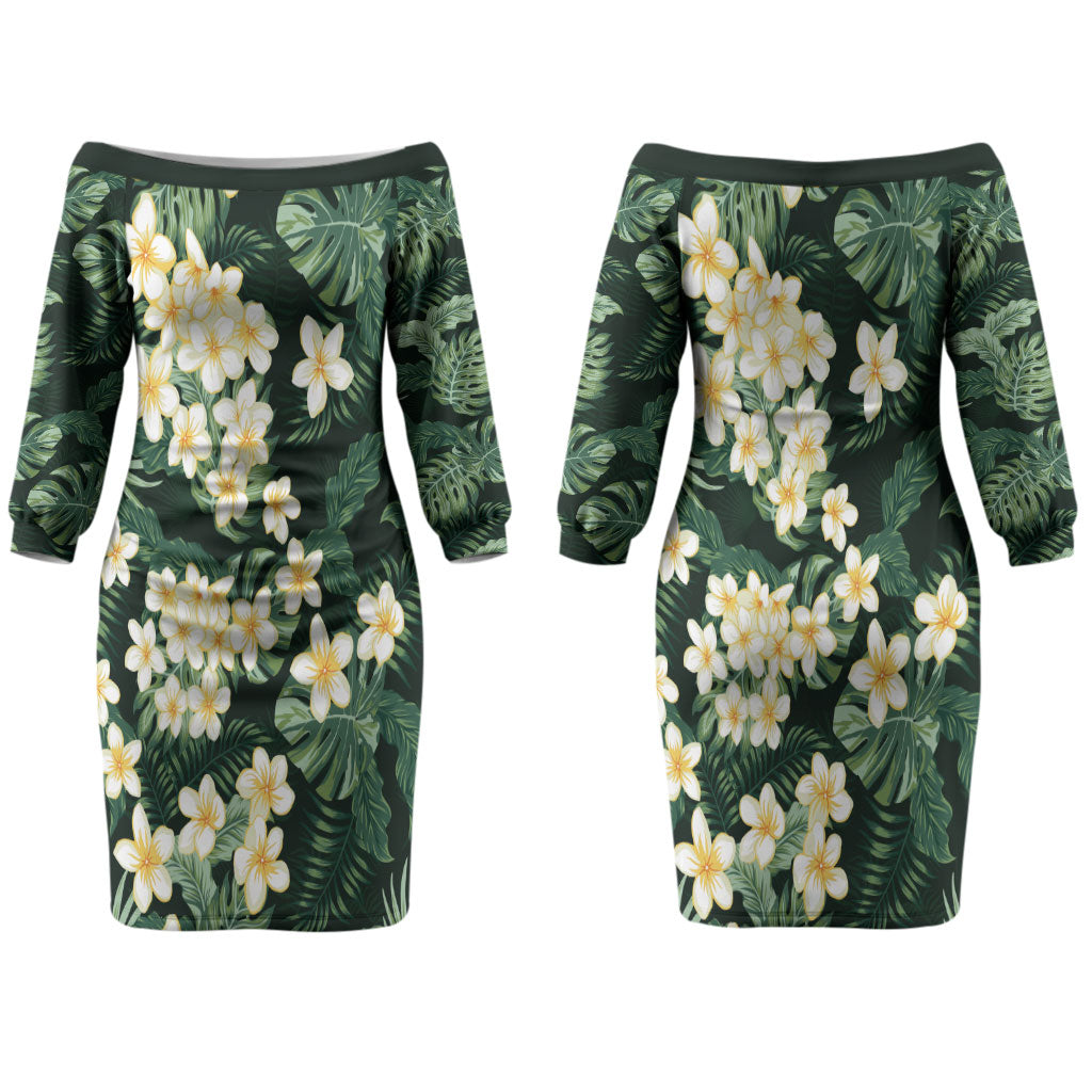 Hawaii Plumeria Tropical Leaves Couples Matching Off The Shoulder Long Sleeve Dress and Long Sleeve Button Shirt Monstera Calathea Palm Fronds