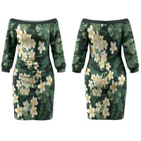 Hawaii Plumeria Tropical Leaves Couples Matching Off The Shoulder Long Sleeve Dress and Long Sleeve Button Shirt Monstera Calathea Palm Fronds