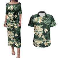 Hawaii Plumeria Tropical Leaves Couples Matching Puletasi and Hawaiian Shirt Monstera Calathea Palm Fronds