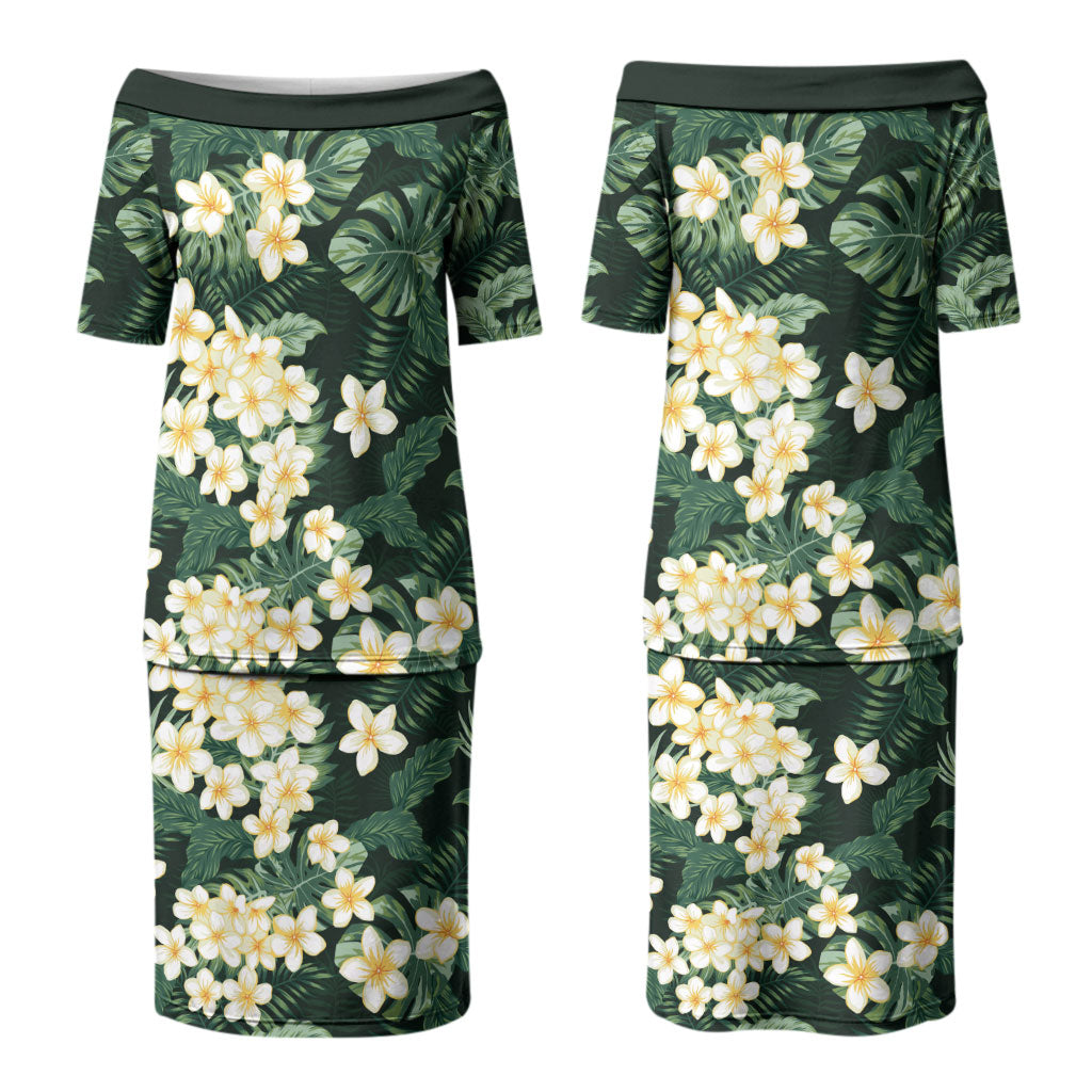 Hawaii Plumeria Tropical Leaves Couples Matching Puletasi and Hawaiian Shirt Monstera Calathea Palm Fronds