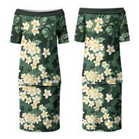 Hawaii Plumeria Tropical Leaves Couples Matching Puletasi and Hawaiian Shirt Monstera Calathea Palm Fronds