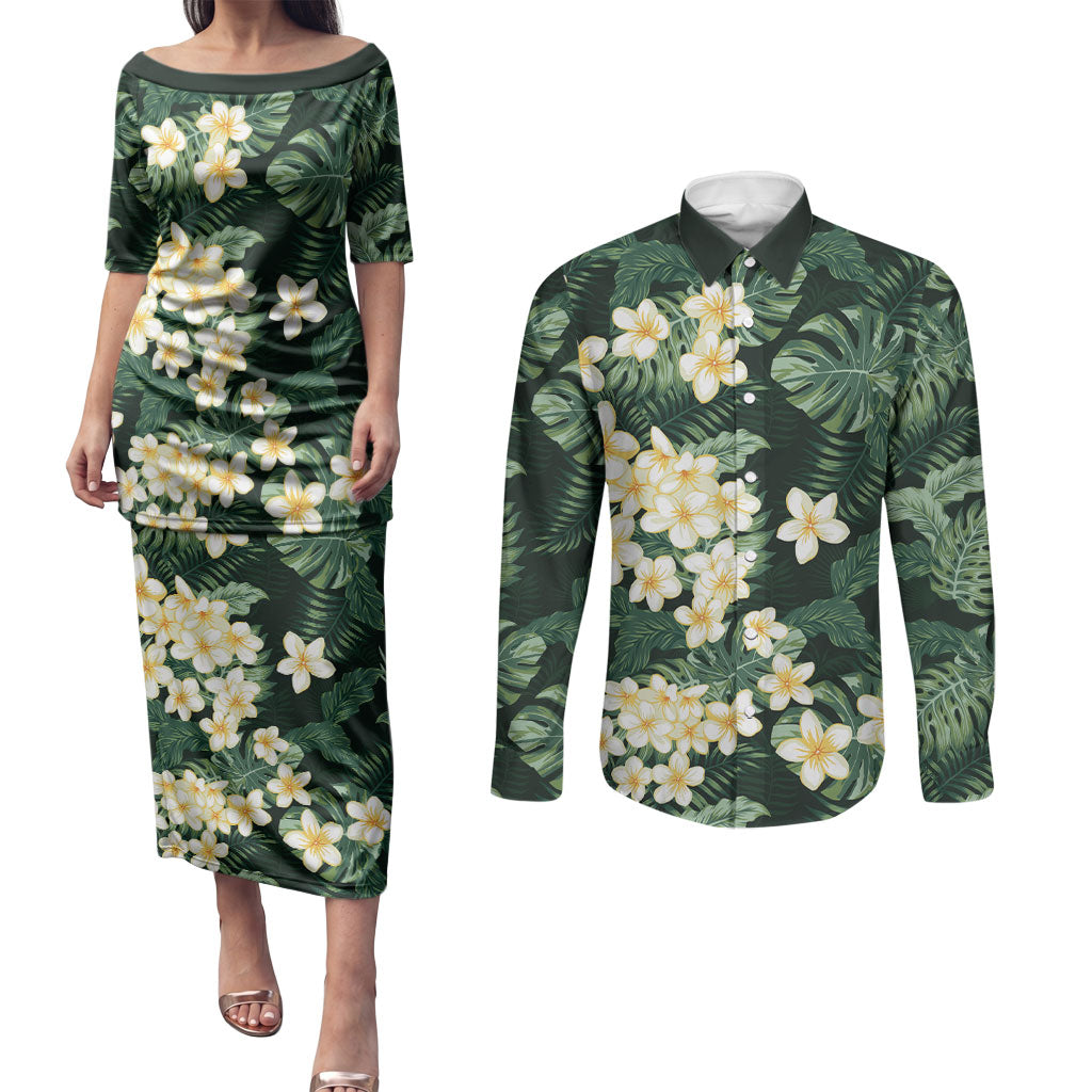 Hawaii Plumeria Tropical Leaves Couples Matching Puletasi and Long Sleeve Button Shirt Monstera Calathea Palm Fronds