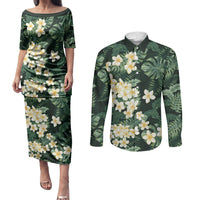 Hawaii Plumeria Tropical Leaves Couples Matching Puletasi and Long Sleeve Button Shirt Monstera Calathea Palm Fronds