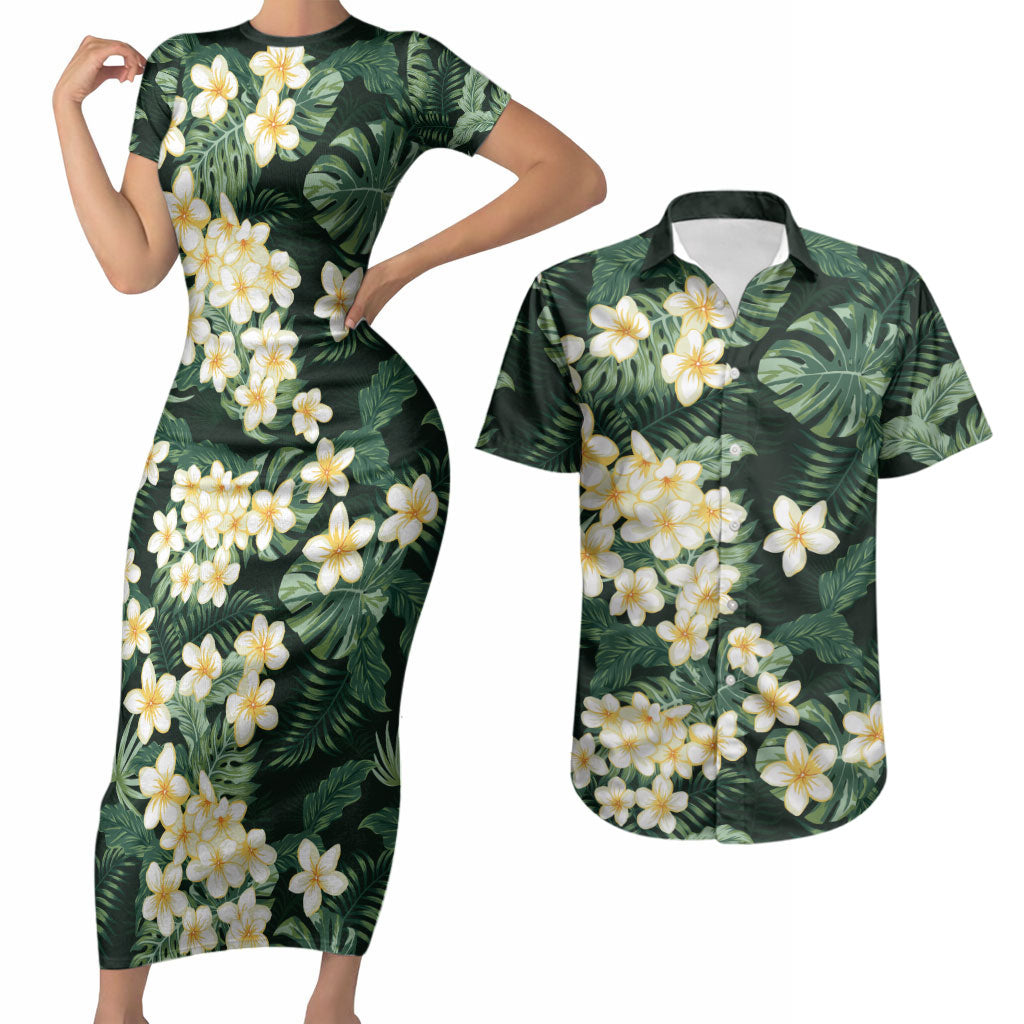 Hawaii Plumeria Tropical Leaves Couples Matching Short Sleeve Bodycon Dress and Hawaiian Shirt Monstera Calathea Palm Fronds