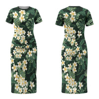Hawaii Plumeria Tropical Leaves Couples Matching Short Sleeve Bodycon Dress and Hawaiian Shirt Monstera Calathea Palm Fronds