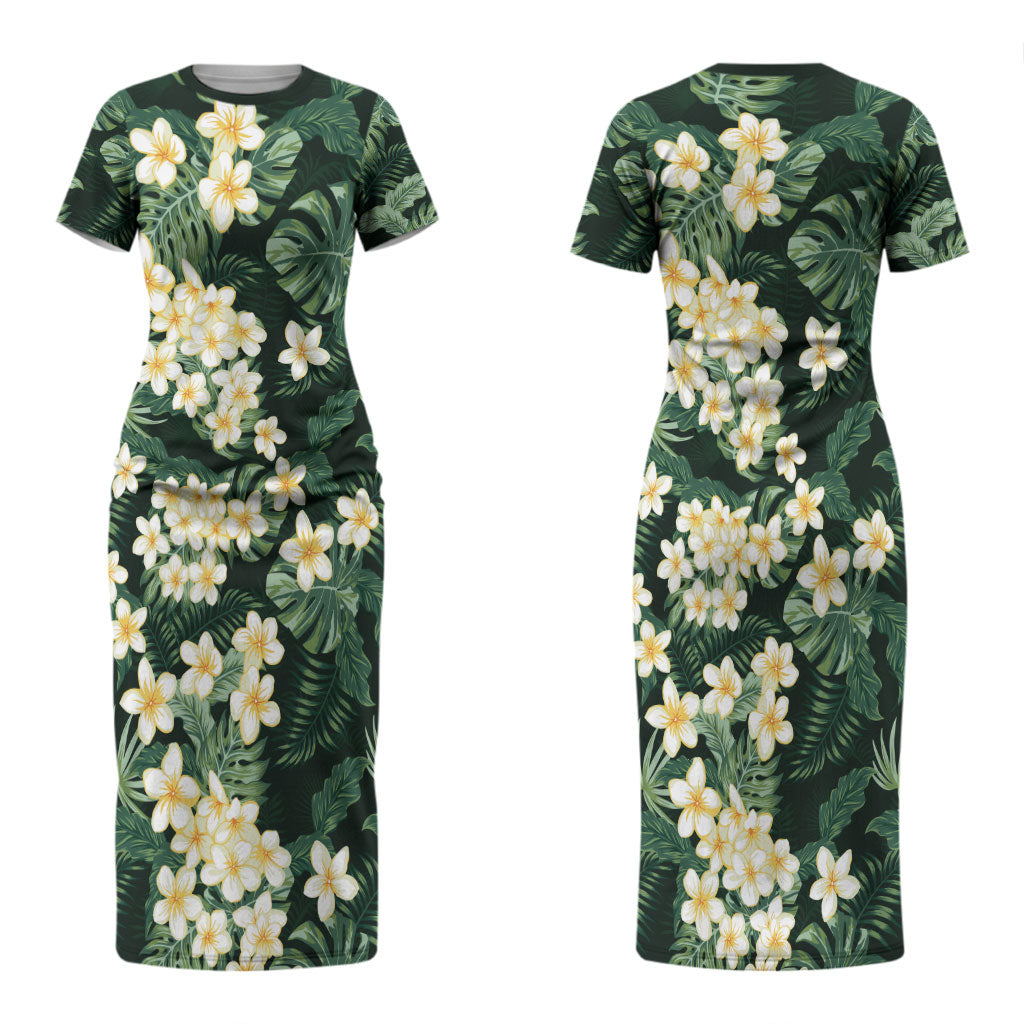 Hawaii Plumeria Tropical Leaves Couples Matching Short Sleeve Bodycon Dress and Long Sleeve Button Shirt Monstera Calathea Palm Fronds