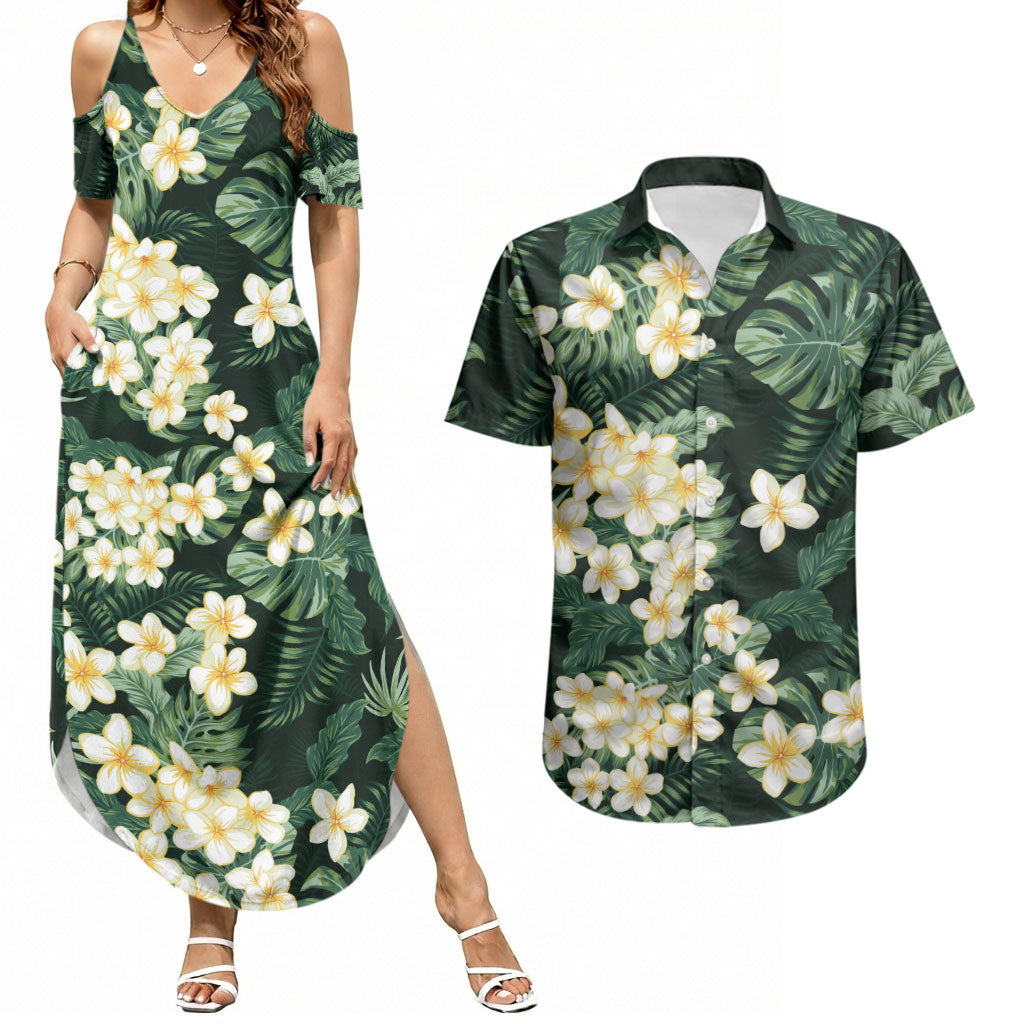 Hawaii Plumeria Tropical Leaves Couples Matching Summer Maxi Dress and Hawaiian Shirt Monstera Calathea Palm Fronds
