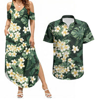 Hawaii Plumeria Tropical Leaves Couples Matching Summer Maxi Dress and Hawaiian Shirt Monstera Calathea Palm Fronds
