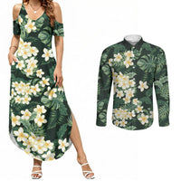 Hawaii Plumeria Tropical Leaves Couples Matching Summer Maxi Dress and Long Sleeve Button Shirt Monstera Calathea Palm Fronds