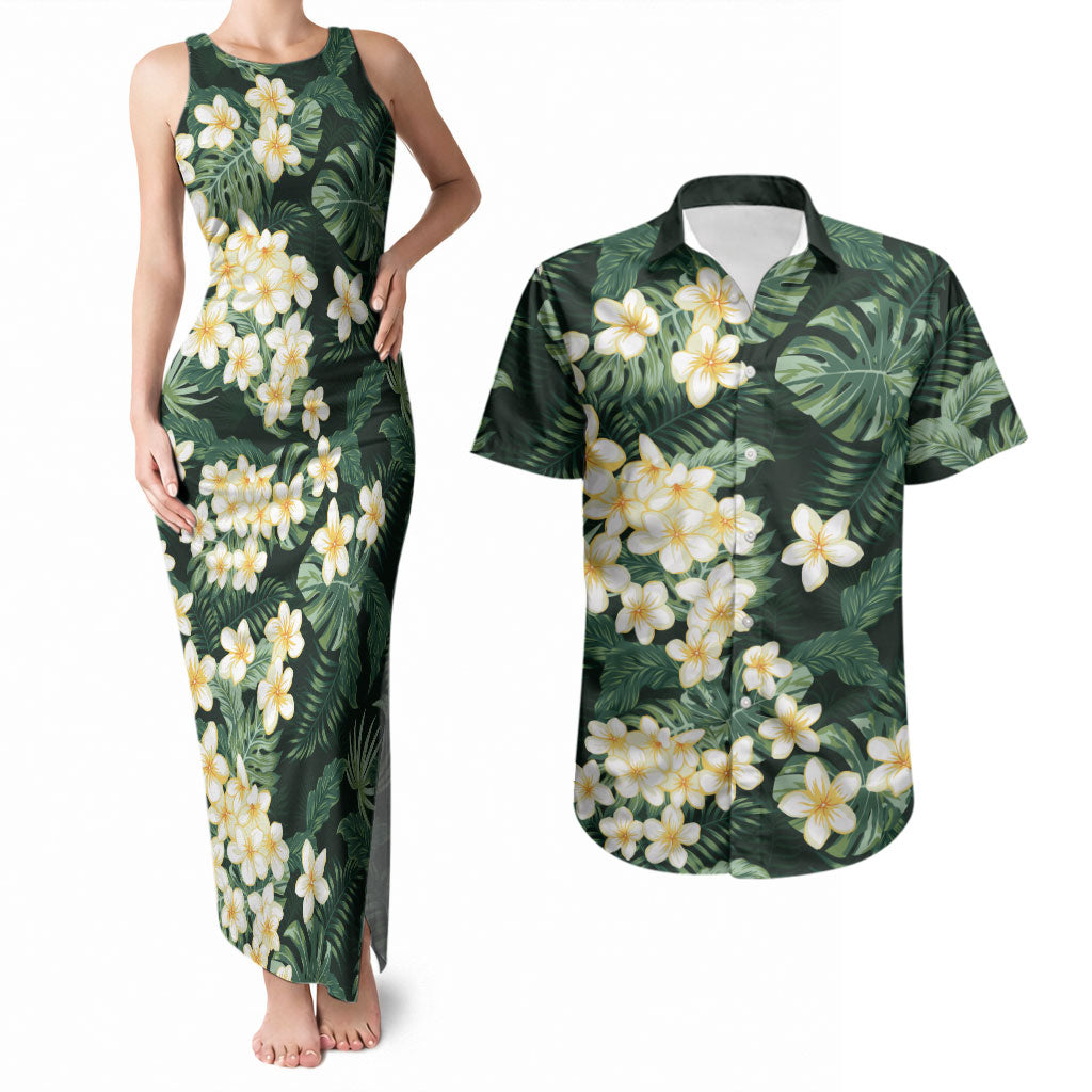 Hawaii Plumeria Tropical Leaves Couples Matching Tank Maxi Dress and Hawaiian Shirt Monstera Calathea Palm Fronds