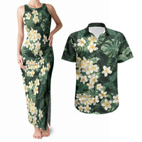Hawaii Plumeria Tropical Leaves Couples Matching Tank Maxi Dress and Hawaiian Shirt Monstera Calathea Palm Fronds
