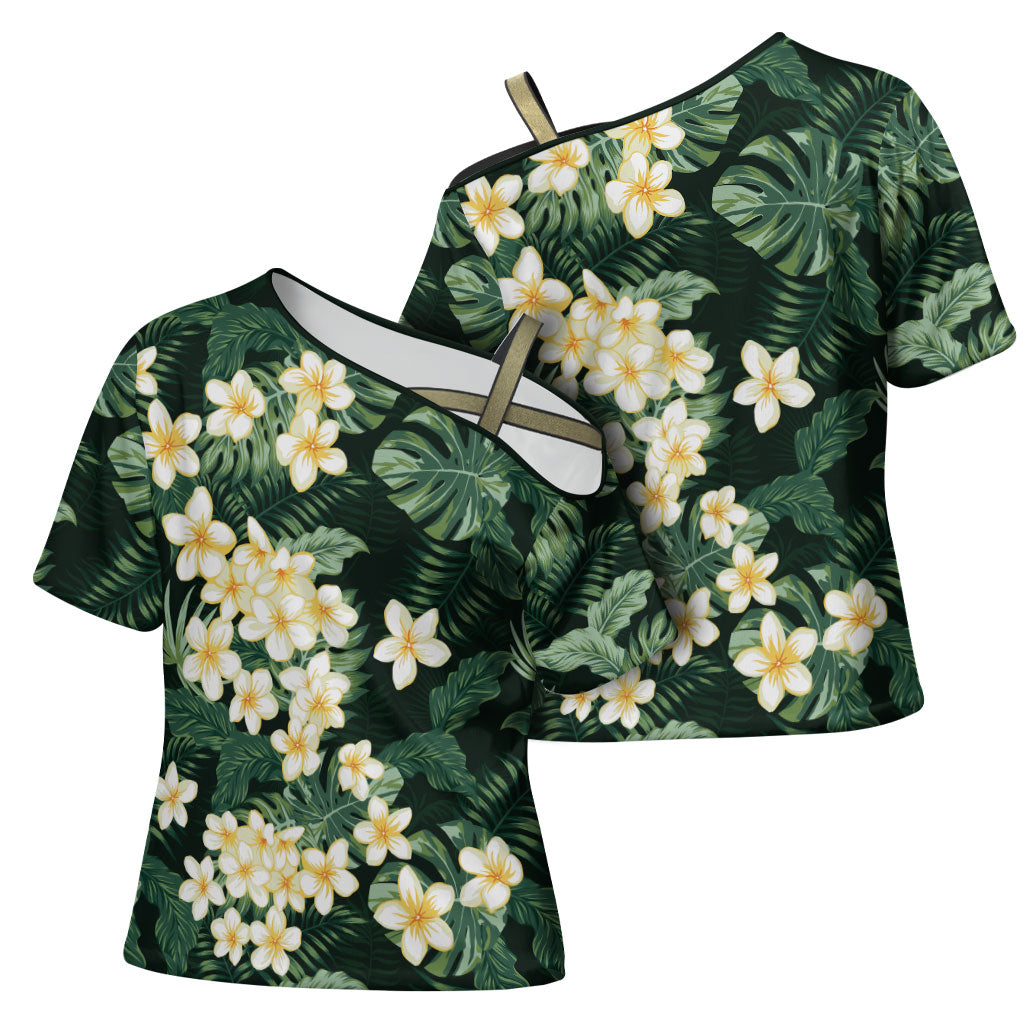 Hawaii Plumeria Tropical Leaves Cross Shoulder Shirt Monstera Calathea Palm Fronds