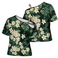 Hawaii Plumeria Tropical Leaves Cross Shoulder Shirt Monstera Calathea Palm Fronds
