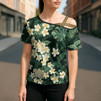 Hawaii Plumeria Tropical Leaves Cross Shoulder Shirt Monstera Calathea Palm Fronds
