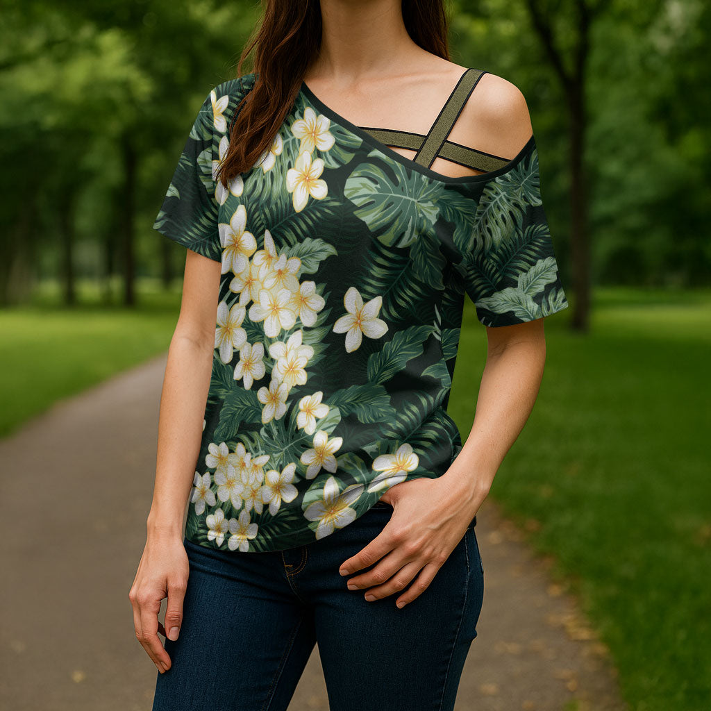 Hawaii Plumeria Tropical Leaves Cross Shoulder Shirt Monstera Calathea Palm Fronds
