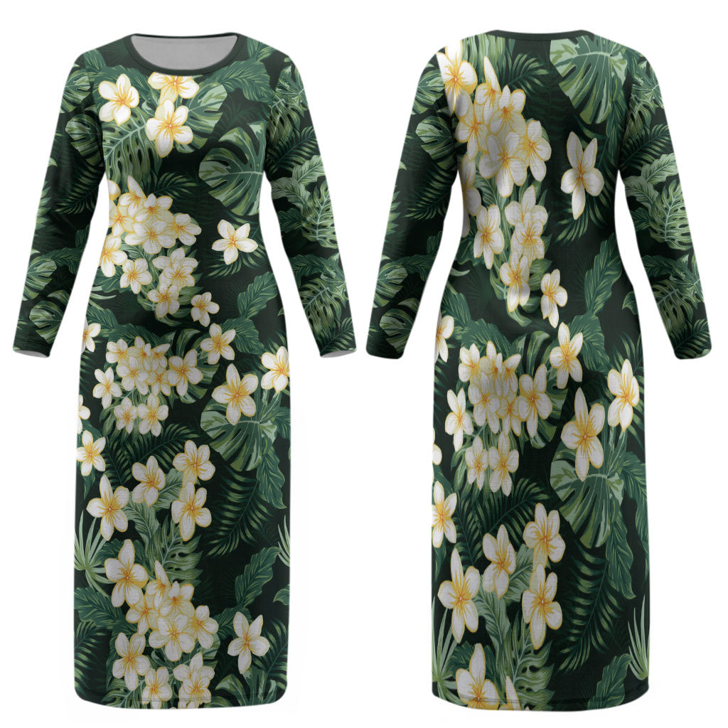 Hawaii Plumeria Tropical Leaves Family Matching Long Sleeve Bodycon Dress and Hawaiian Shirt Monstera Calathea Palm Fronds