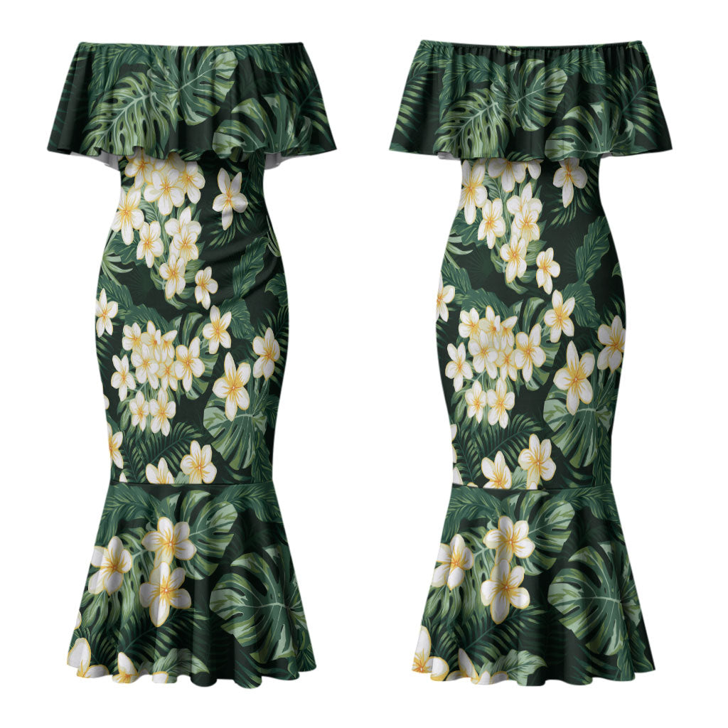 Hawaii Plumeria Tropical Leaves Family Matching Mermaid Dress and Hawaiian Shirt Monstera Calathea Palm Fronds