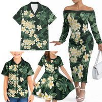 Hawaii Plumeria Tropical Leaves Family Matching Off The Shoulder Long Sleeve Dress and Hawaiian Shirt Monstera Calathea Palm Fronds