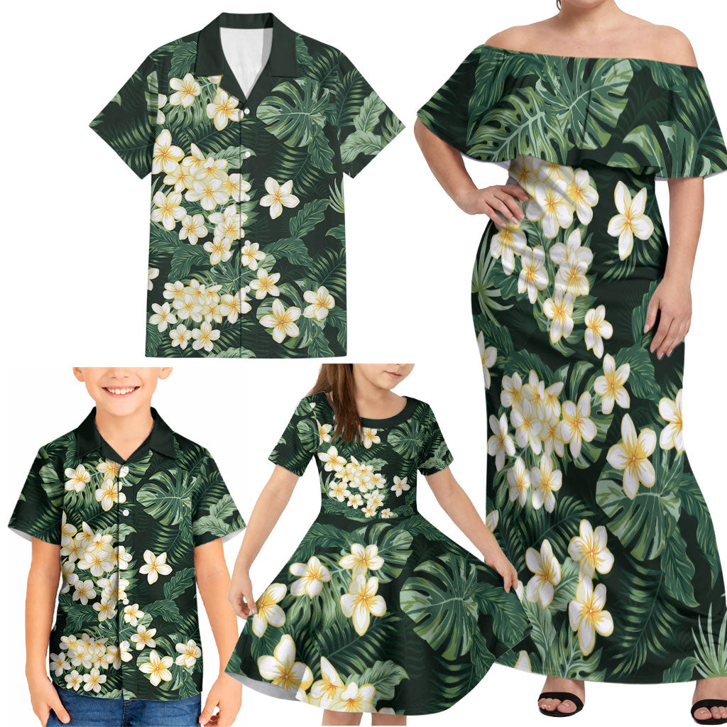 Hawaii Plumeria Tropical Leaves Family Matching Off Shoulder Maxi Dress and Hawaiian Shirt Monstera Calathea Palm Fronds
