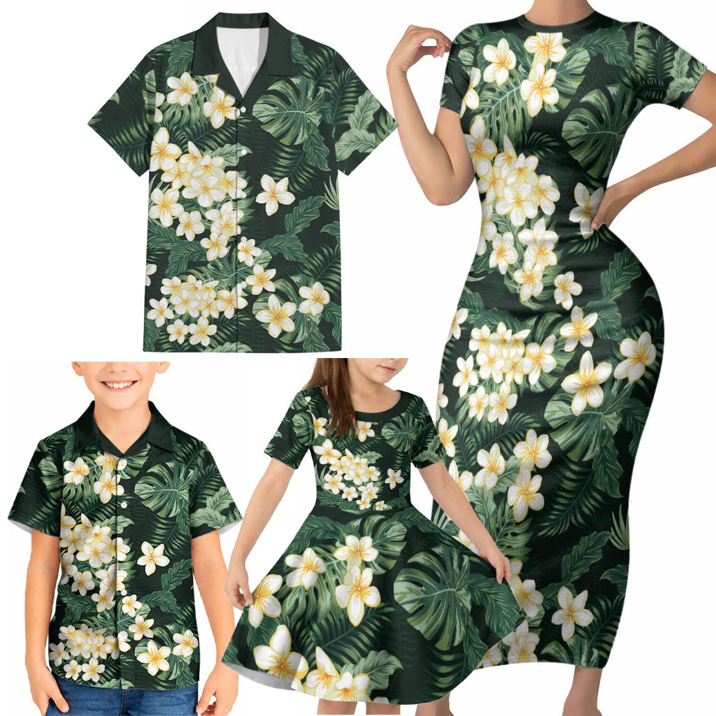 Hawaii Plumeria Tropical Leaves Family Matching Short Sleeve Bodycon Dress and Hawaiian Shirt Monstera Calathea Palm Fronds