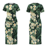 Hawaii Plumeria Tropical Leaves Family Matching Short Sleeve Bodycon Dress and Hawaiian Shirt Monstera Calathea Palm Fronds