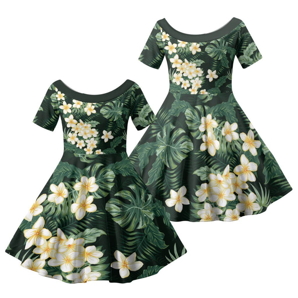 Hawaii Plumeria Tropical Leaves Family Matching Short Sleeve Bodycon Dress and Hawaiian Shirt Monstera Calathea Palm Fronds