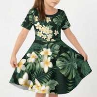 Hawaii Plumeria Tropical Leaves Kid Short Sleeve Dress Monstera Calathea Palm Fronds