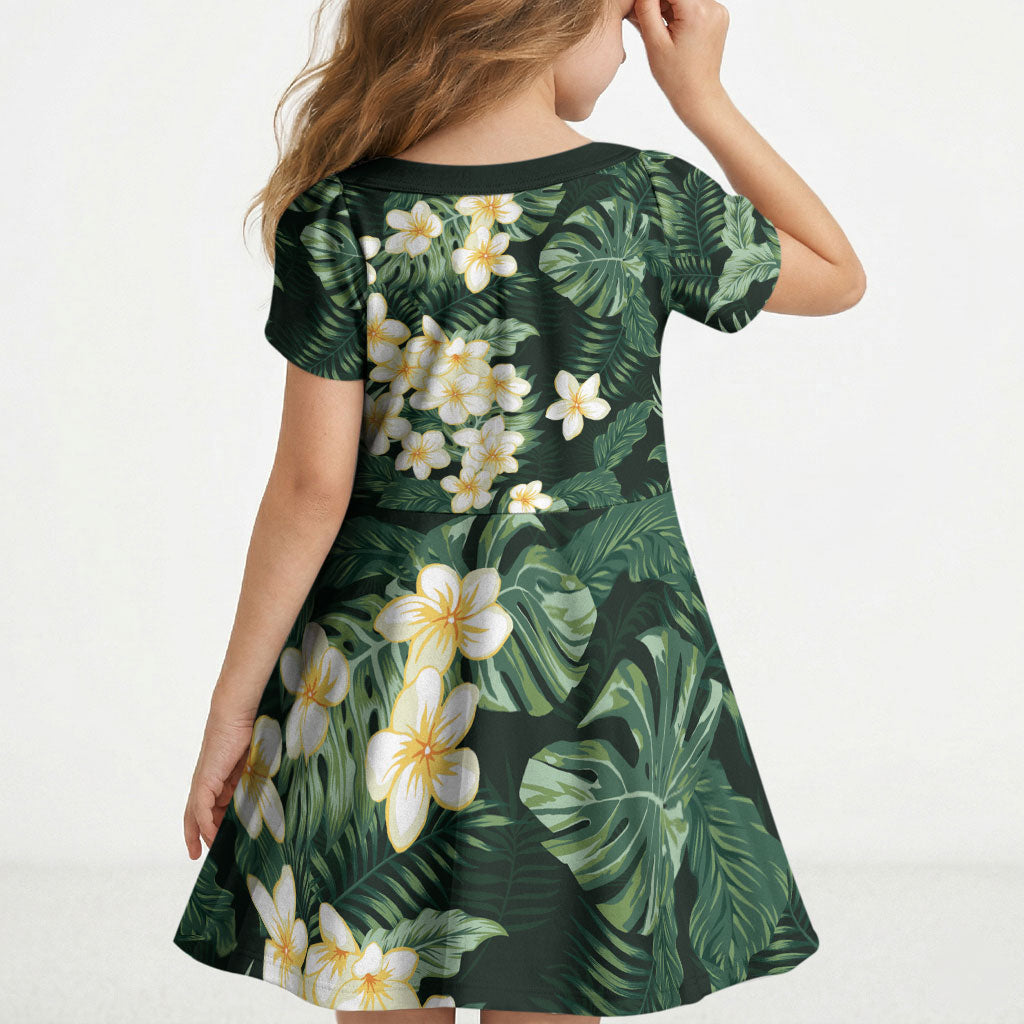 Hawaii Plumeria Tropical Leaves Kid Short Sleeve Dress Monstera Calathea Palm Fronds