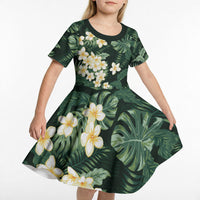 Hawaii Plumeria Tropical Leaves Kid Short Sleeve Dress Monstera Calathea Palm Fronds