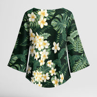 Hawaii Plumeria Tropical Leaves Kimono Sleeve Blouse Monstera Calathea Palm Fronds